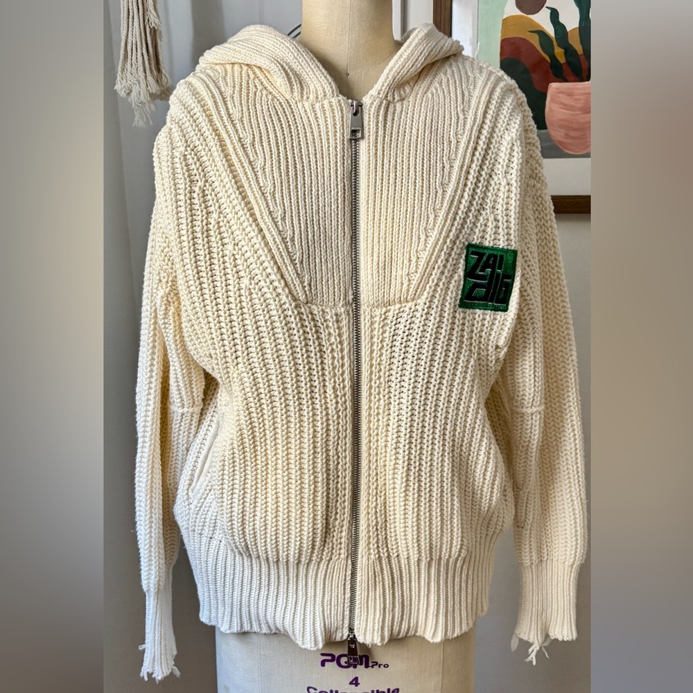Zadig & Voltaire Cream Zip-Up Chunky Knit Cardigan with Green Logo